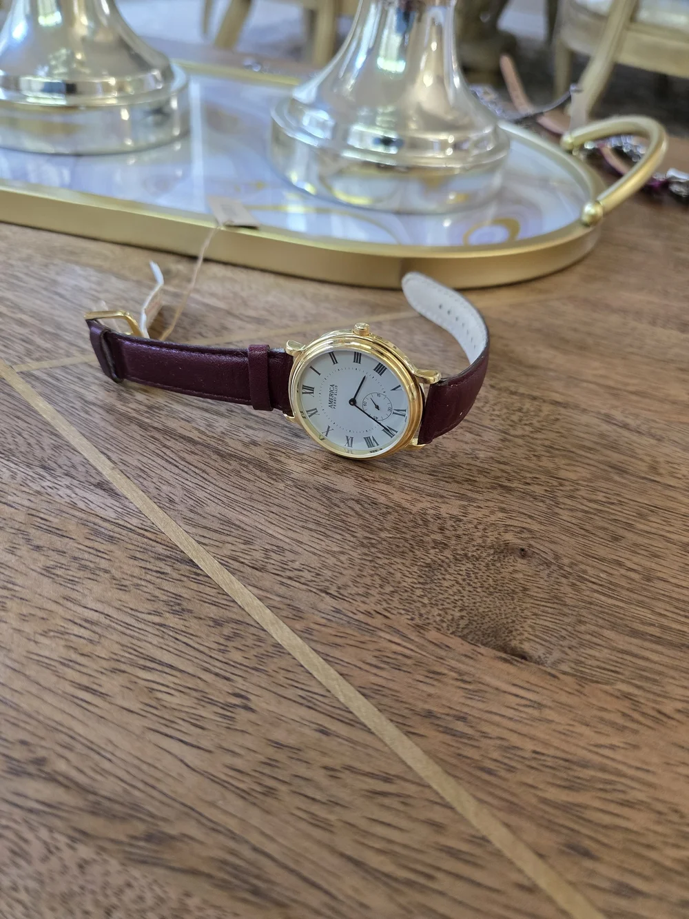 Perry Ellis Gold-Tone Case with Burgundy Leather Strap Watch